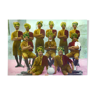 Photo of a football team, Rajasthan around 1920, old colorful photograph