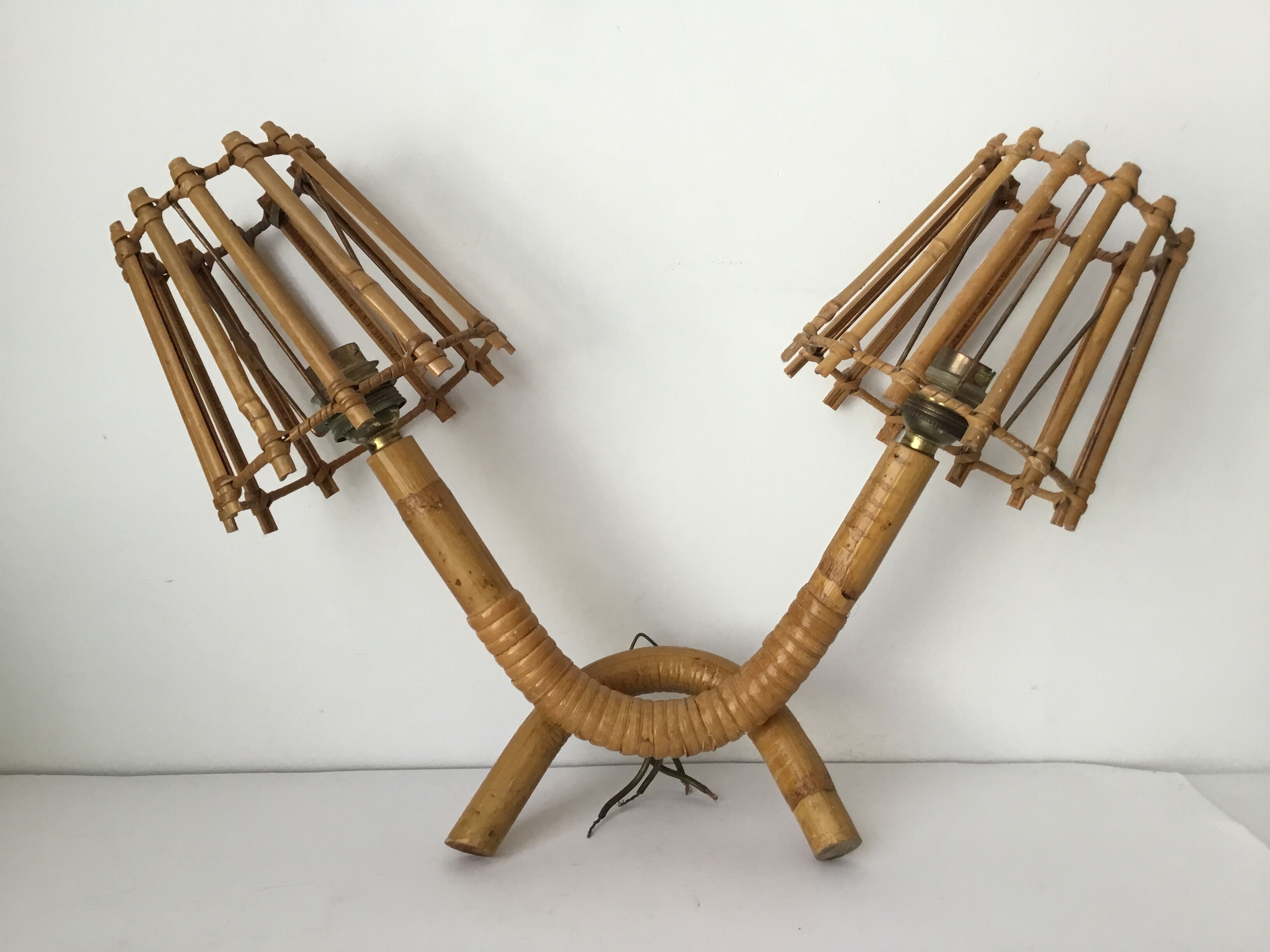 Double-branched rattan wall sconce