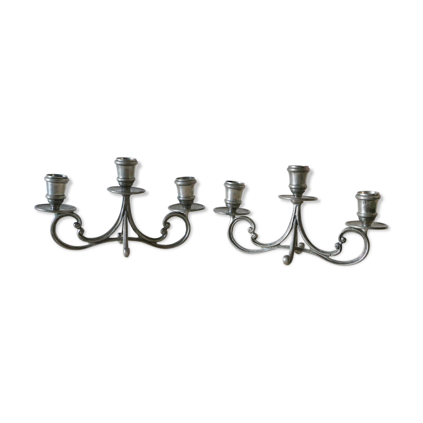 Duo of tin candlesticks, 3 lights, Gothic motifs, vintage