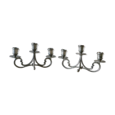 Duo of tin candlesticks, 3 lights, Gothic motifs, vintage