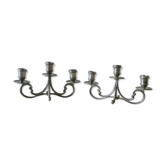Duo of tin candlesticks, 3 lights, Gothic motifs, vintage