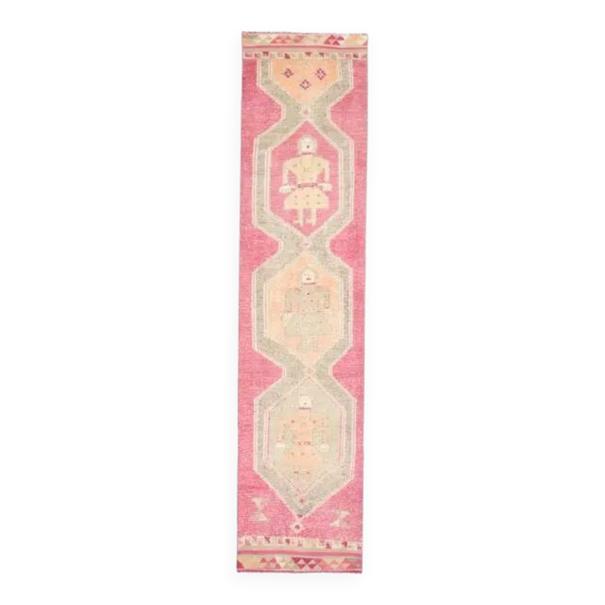Vintage Turkish Oushak handmade wool cotton pink runner rug 85x370