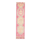 Tapis couloir vintage turc Oushak fait à la main en laine et coton rose 85x370