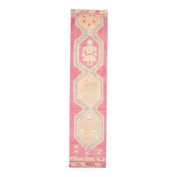 Vintage Turkish Oushak handmade wool cotton pink runner rug 85x370