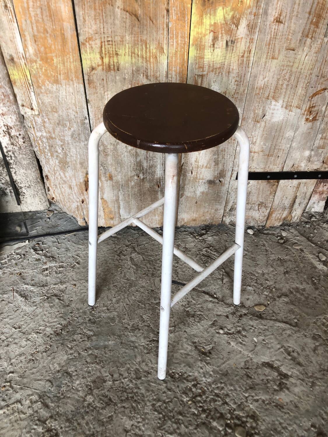 Bar Stool White Metal Leg + Vintage Brown Wood Seat #A352