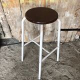Bar Stool White Metal Leg + Vintage Brown Wood Seat #A352