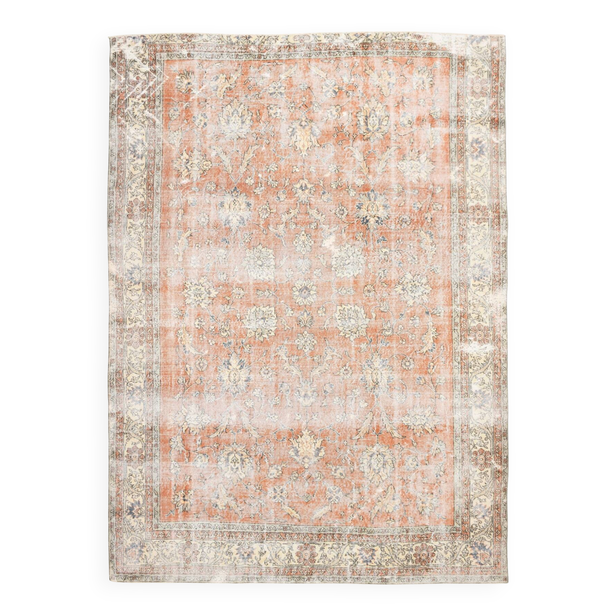 8x11 Orange & Blue Bordered Turkish Vintage Rug, Rugs For Bedroom, Antique