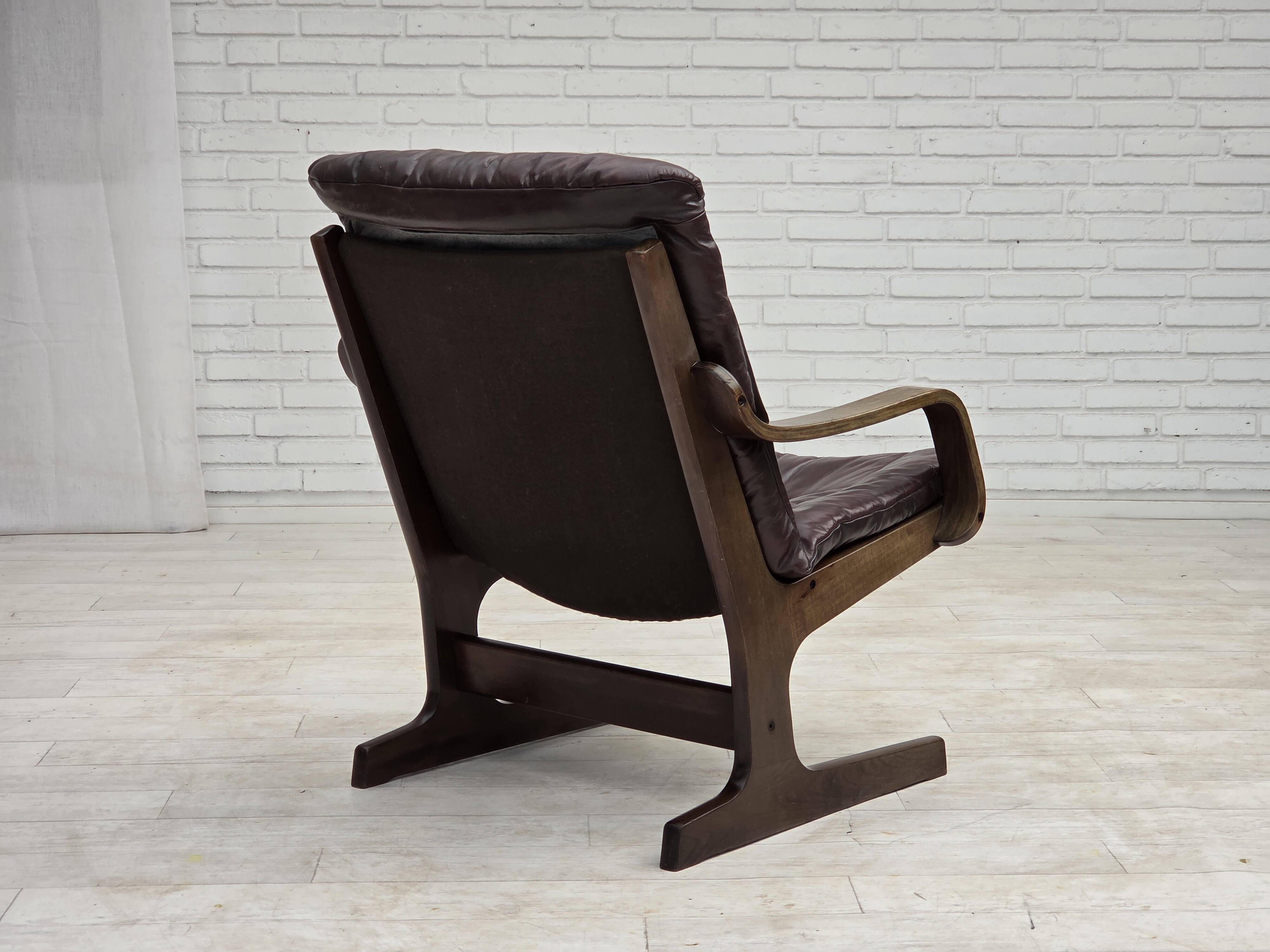 Fauteuil scandinave en cuir marron, années 1970