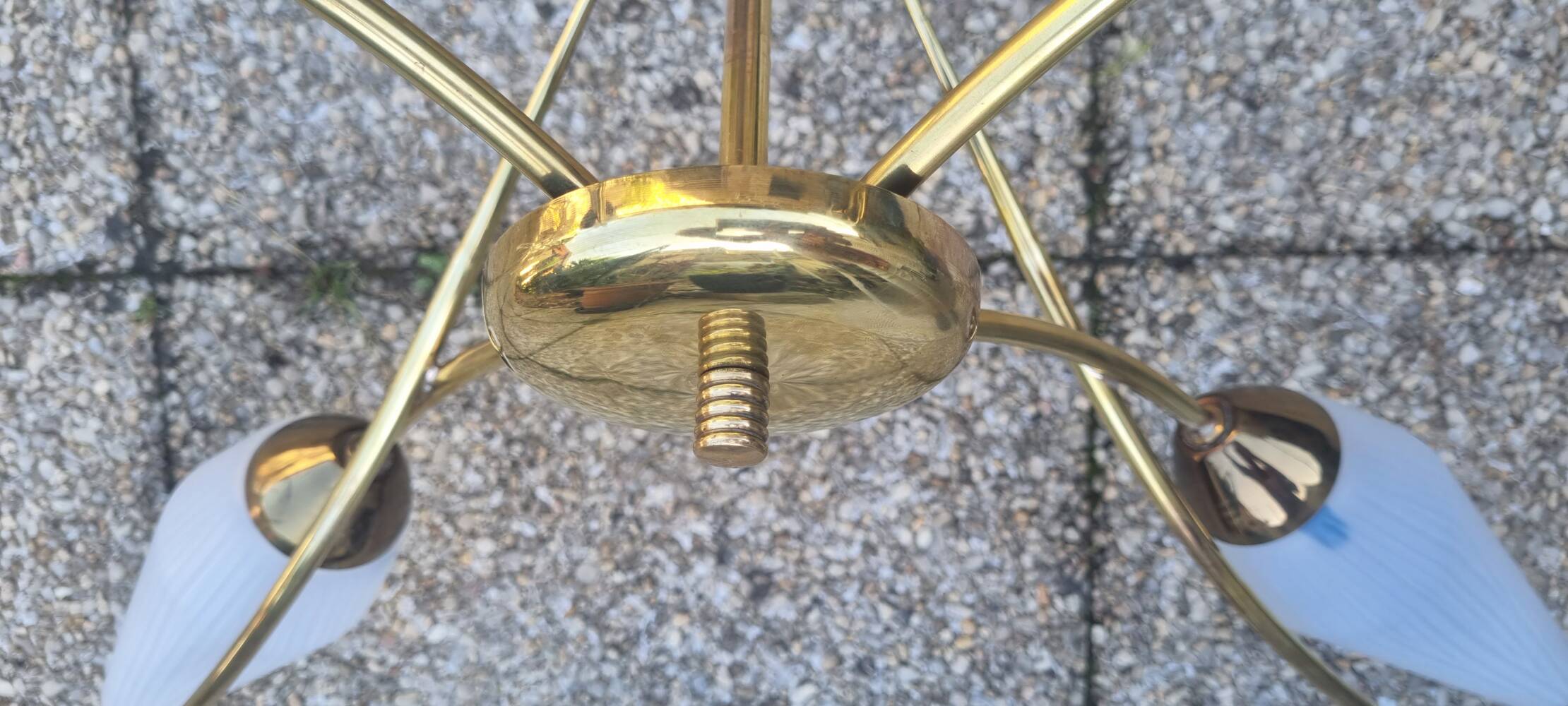 4-light pendant light, brass and opaline, Maison Lunel, Paris, vintage 1950s