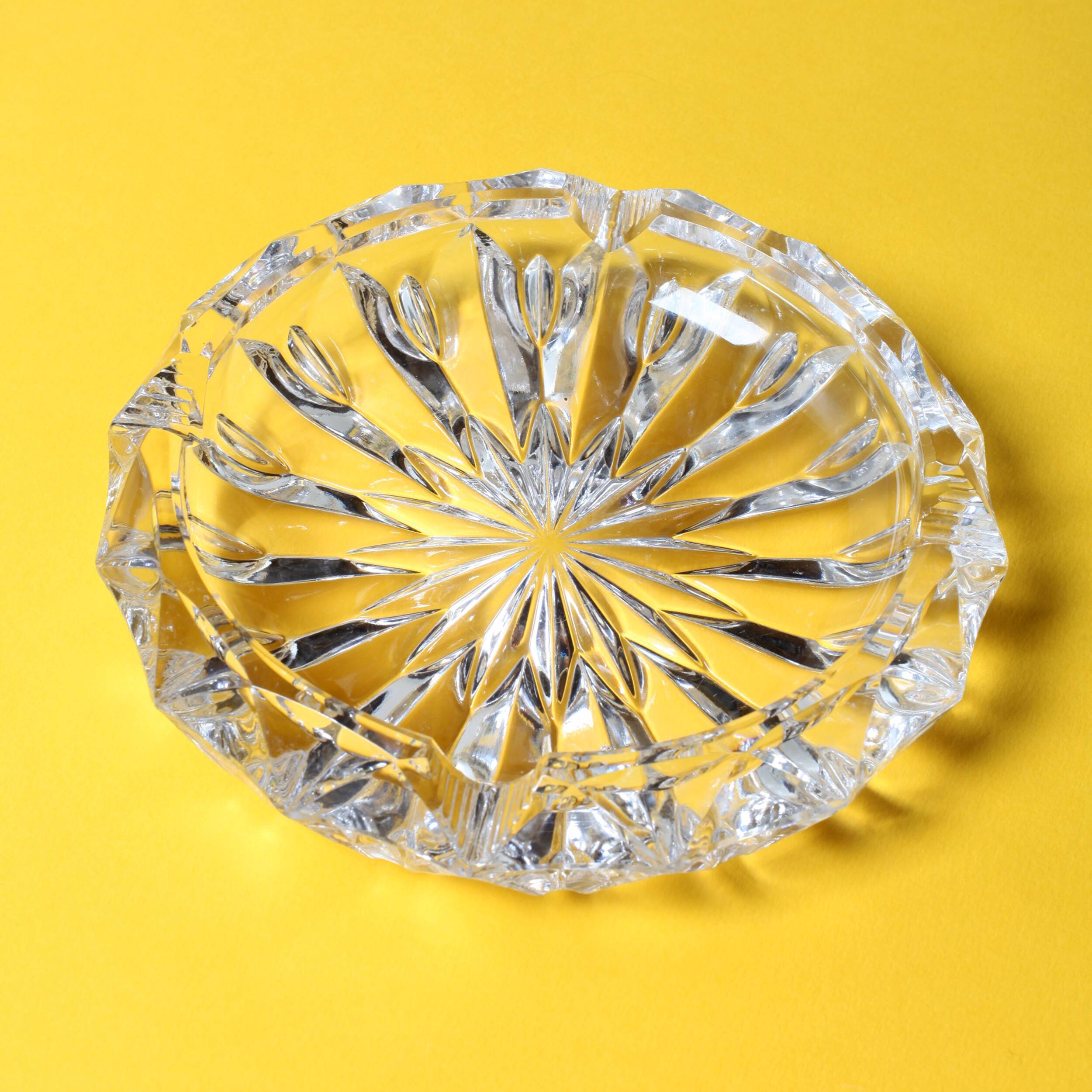 Vintage Heavy Cut Glass Ashtray, Large Round Mid-Century Accessory