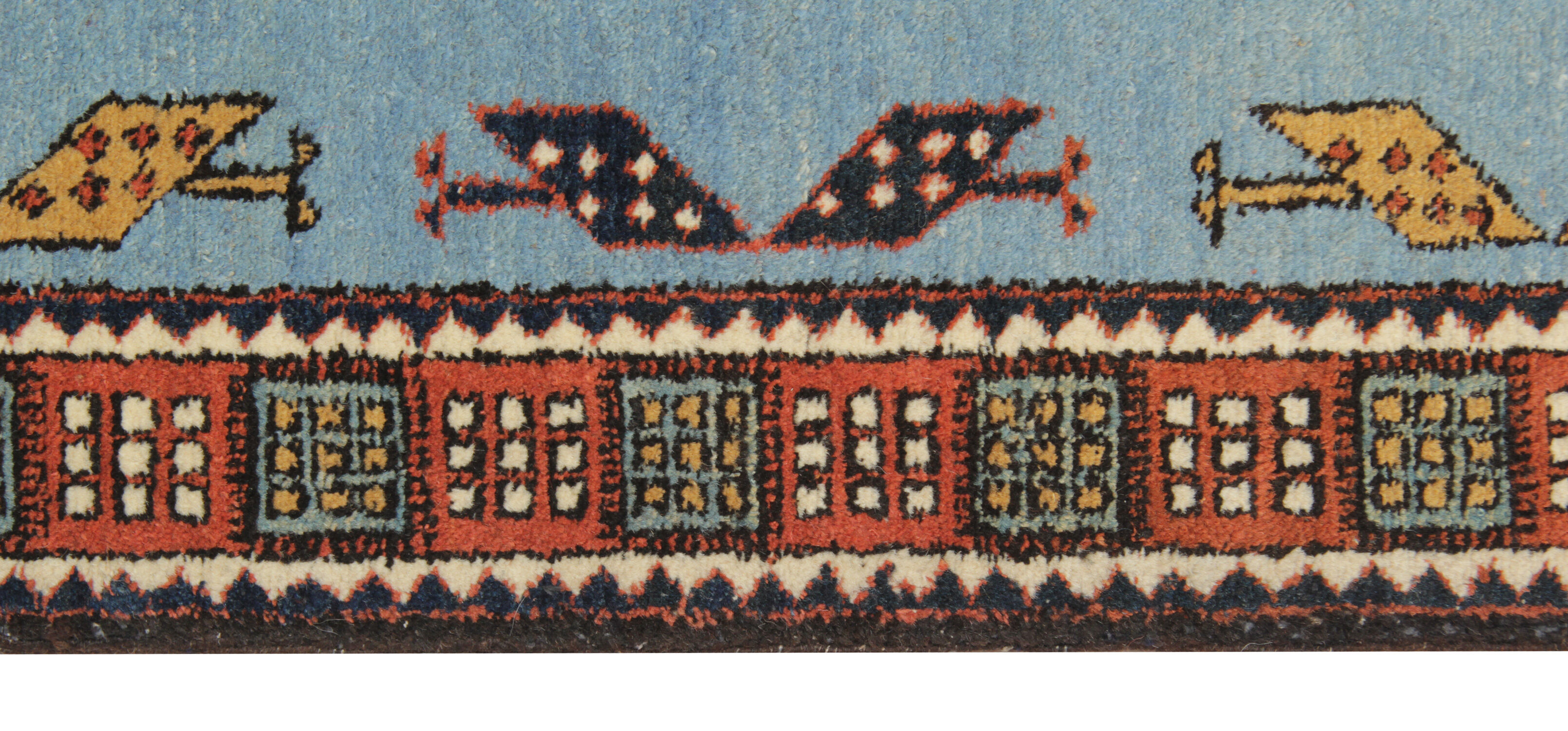 Handwoven Blue Wool Geometric Runner Rug long Traditional Persian Carpet 93x404cm