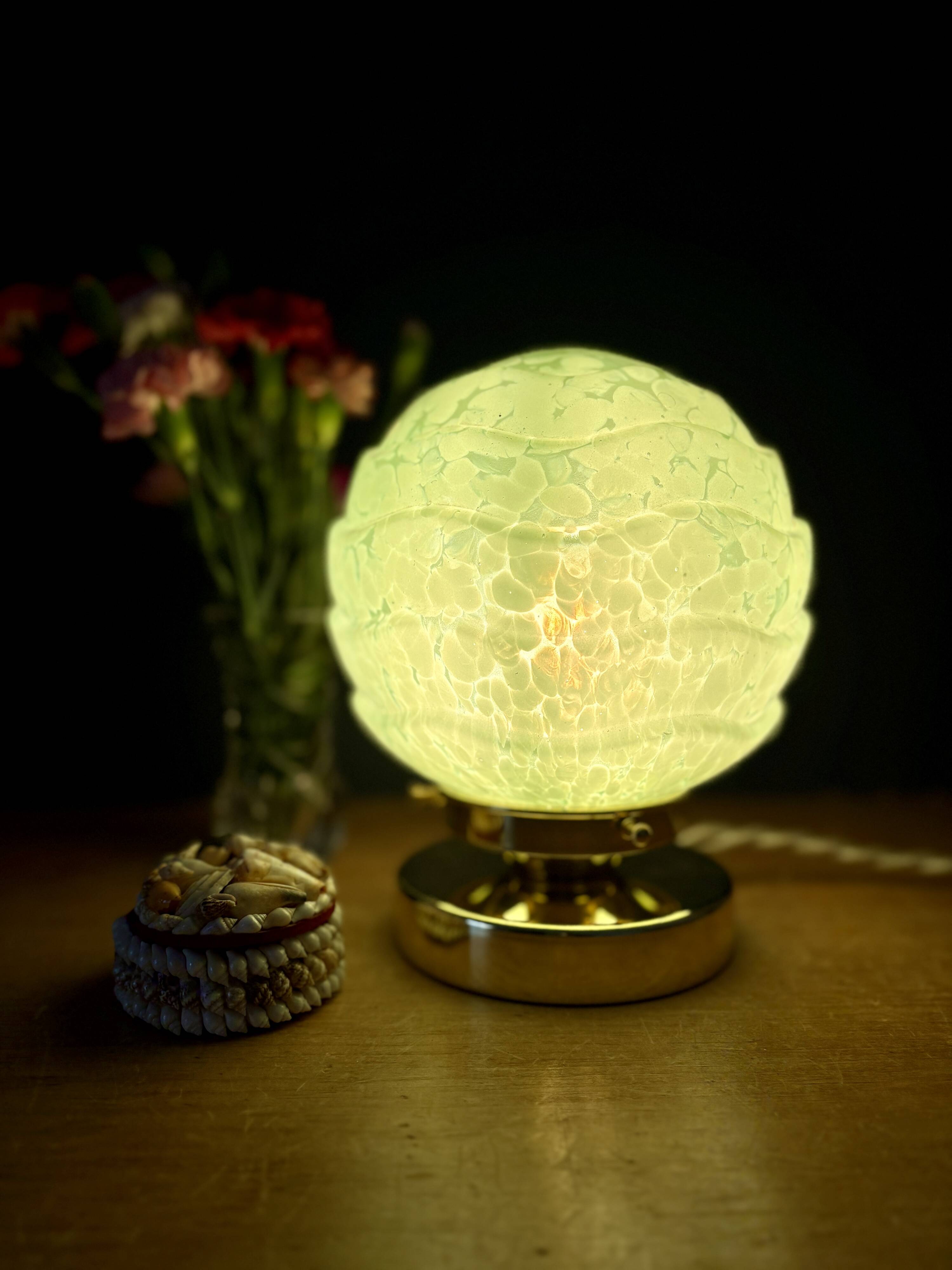 Vintage art deco globe table lamp in mint green Clichy glass