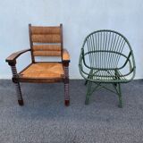 Vintage armchair in straw and brutalist wood