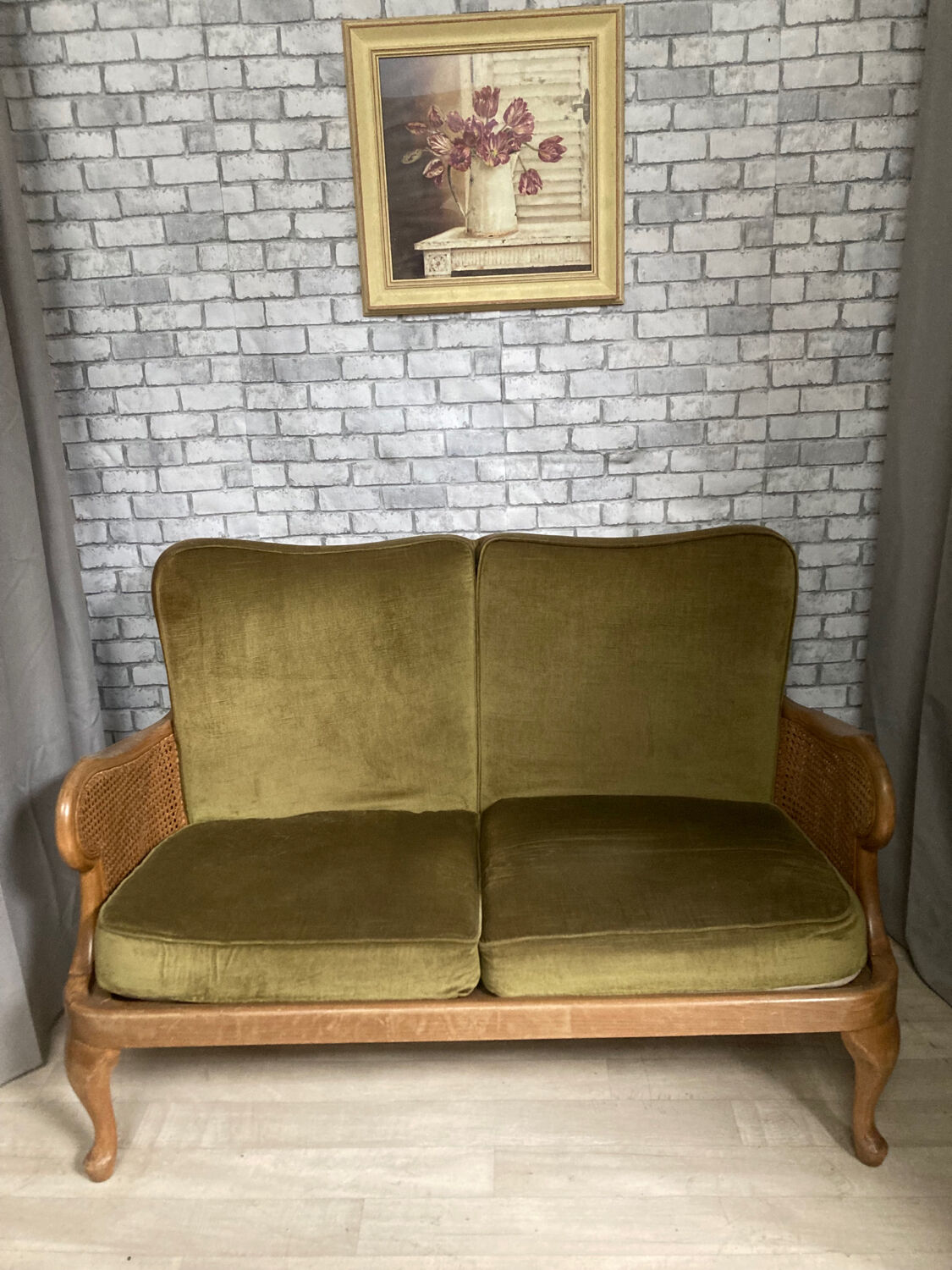 Cane and velvet fabric bench