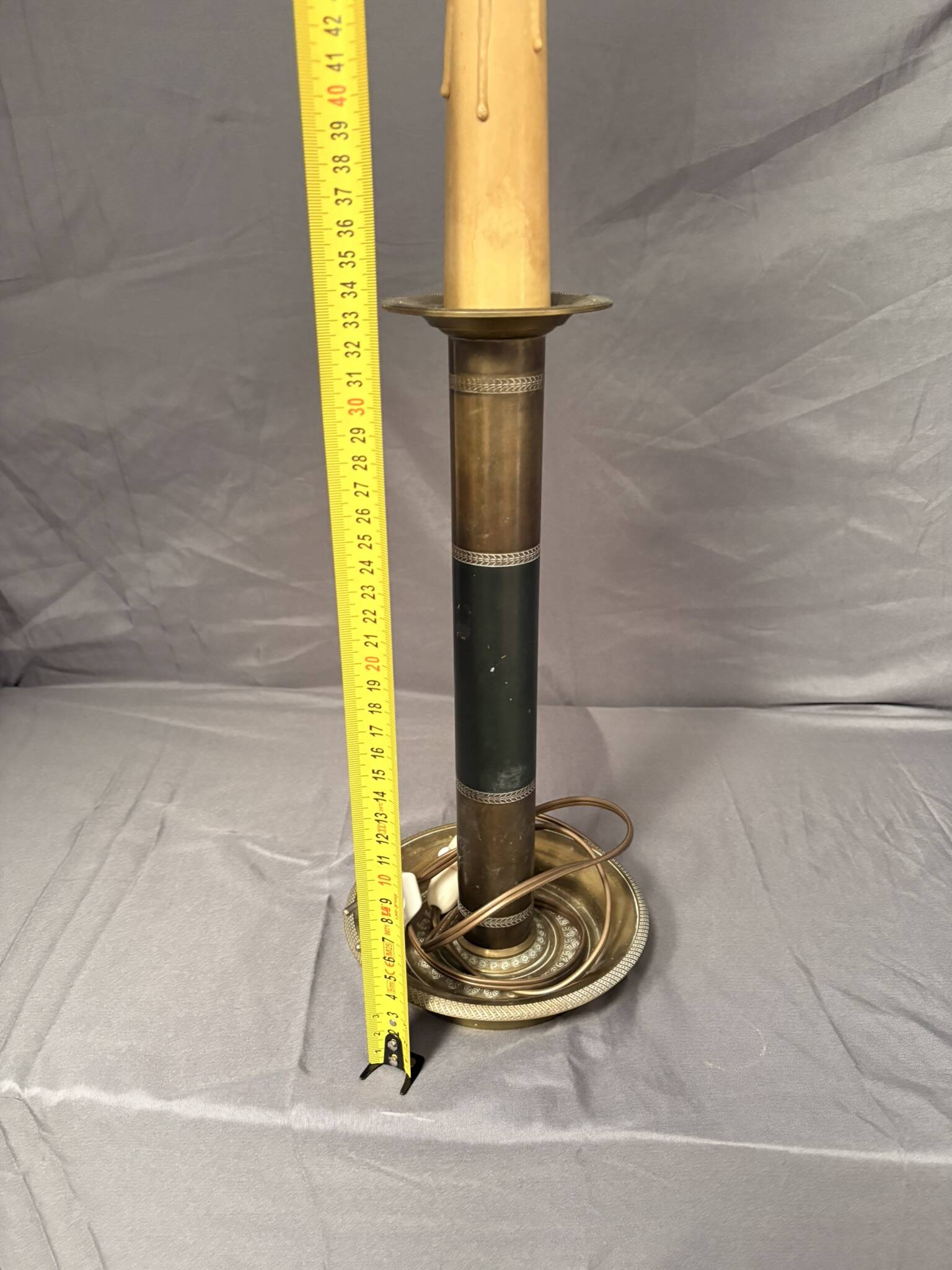 Antique Empire Column Lamp Base, Gilded Brass, Green Candle Holder Chandelier