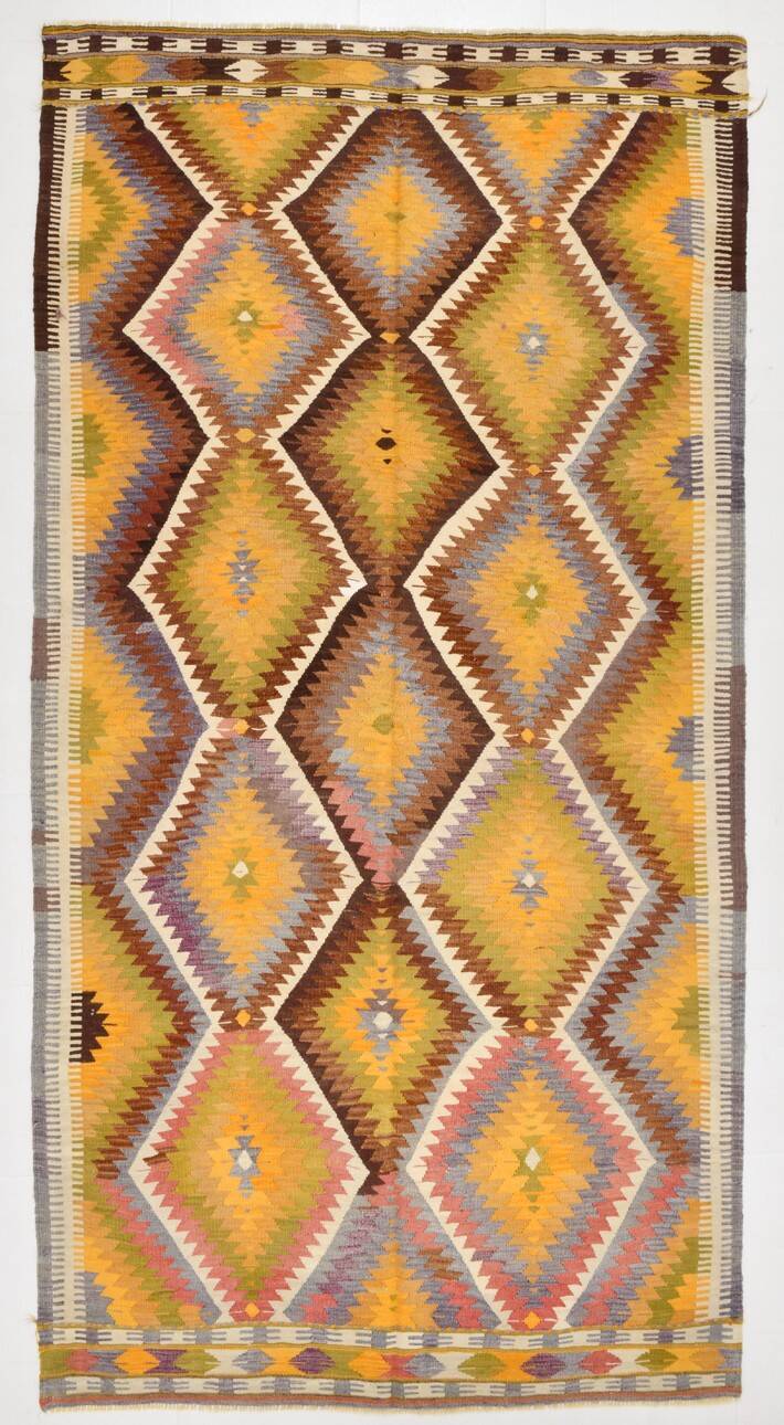 Fade Yellow Long Wide  Vintage Kilim Rug,Geometric Tribal Design,152x296 Cm