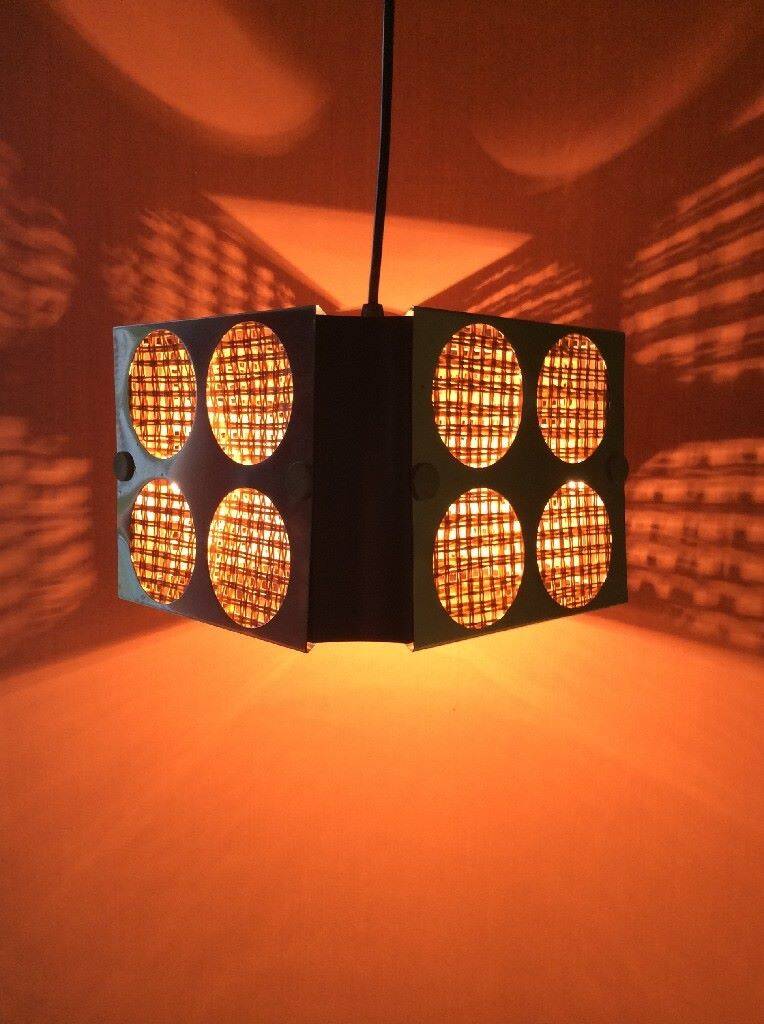 Two square metal chrome cane hanging lamps from the 70s