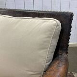 Early 20th century leather club sofa - seat and back in modern fabric