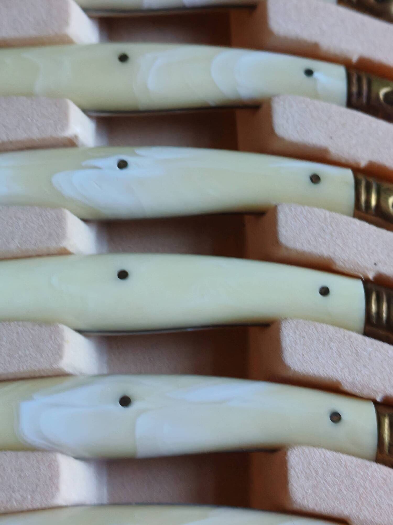 Vintage Box 6 Laguiole Table Knives Ivory Handles Gold Bolsters