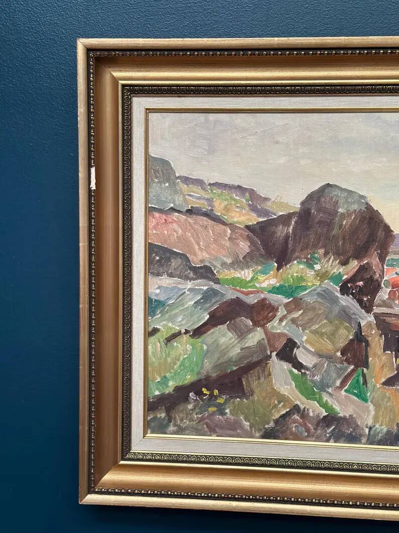 Original Swedish Oil on Canvas - 'The Dark Cliff' by Ellis Wallin - Signed - Dated 1962 - Vintage and Framed
