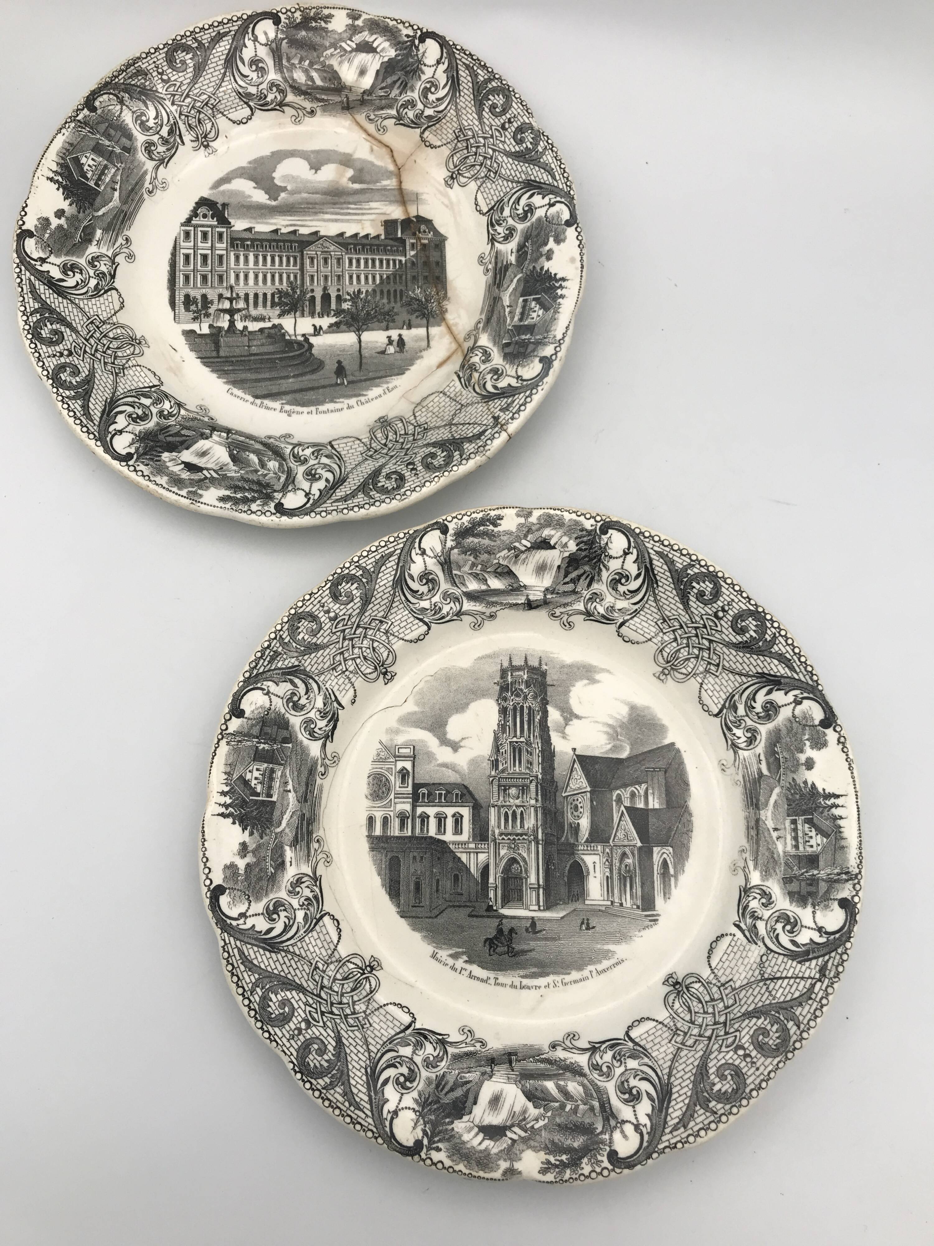 Set of 6 antique choisy-le-roi earthenware plates with grisaille decoration
