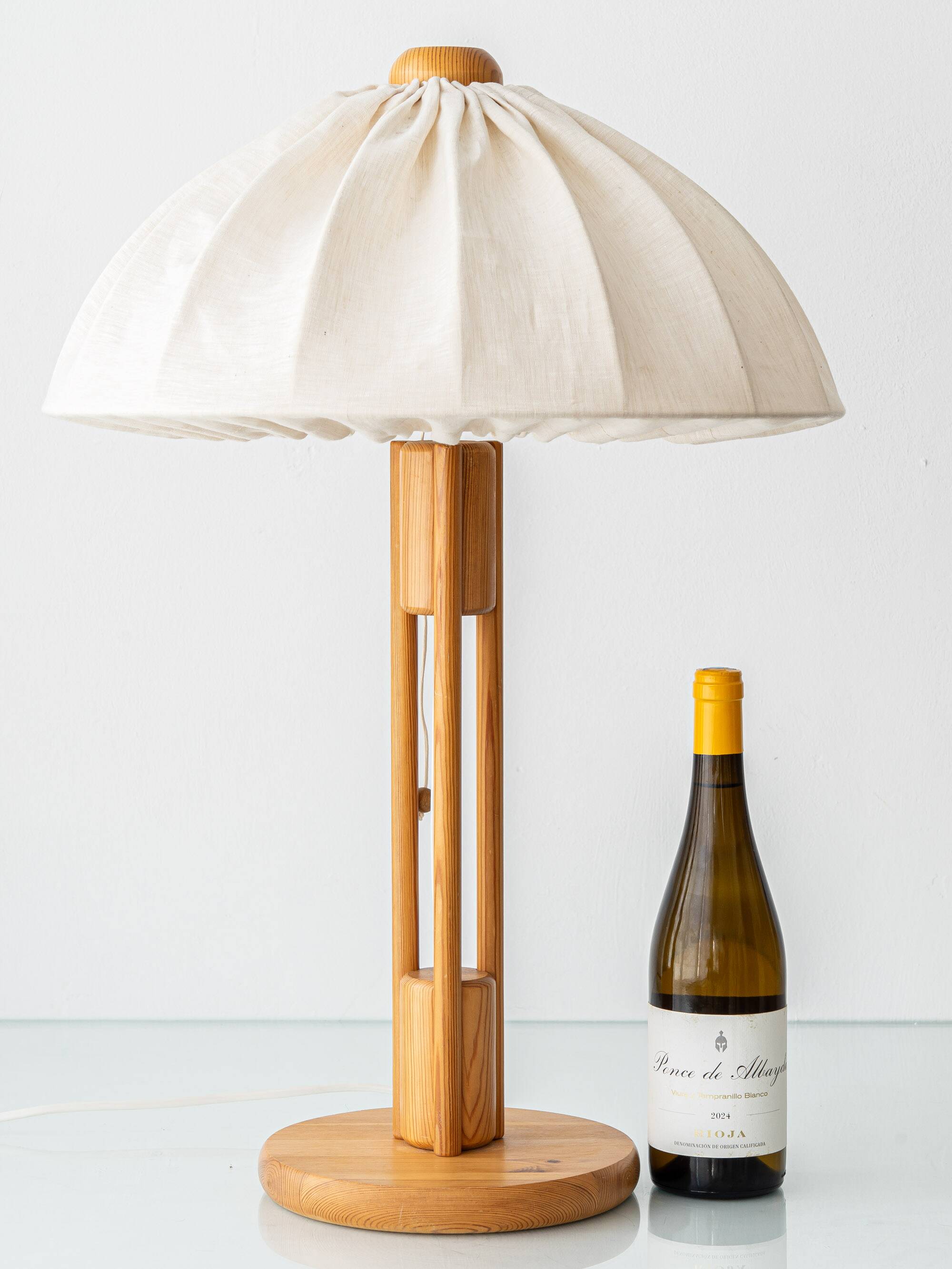 Large Scandinavian Pine Table Lamp with Fabric Shade, 1960s-1970s