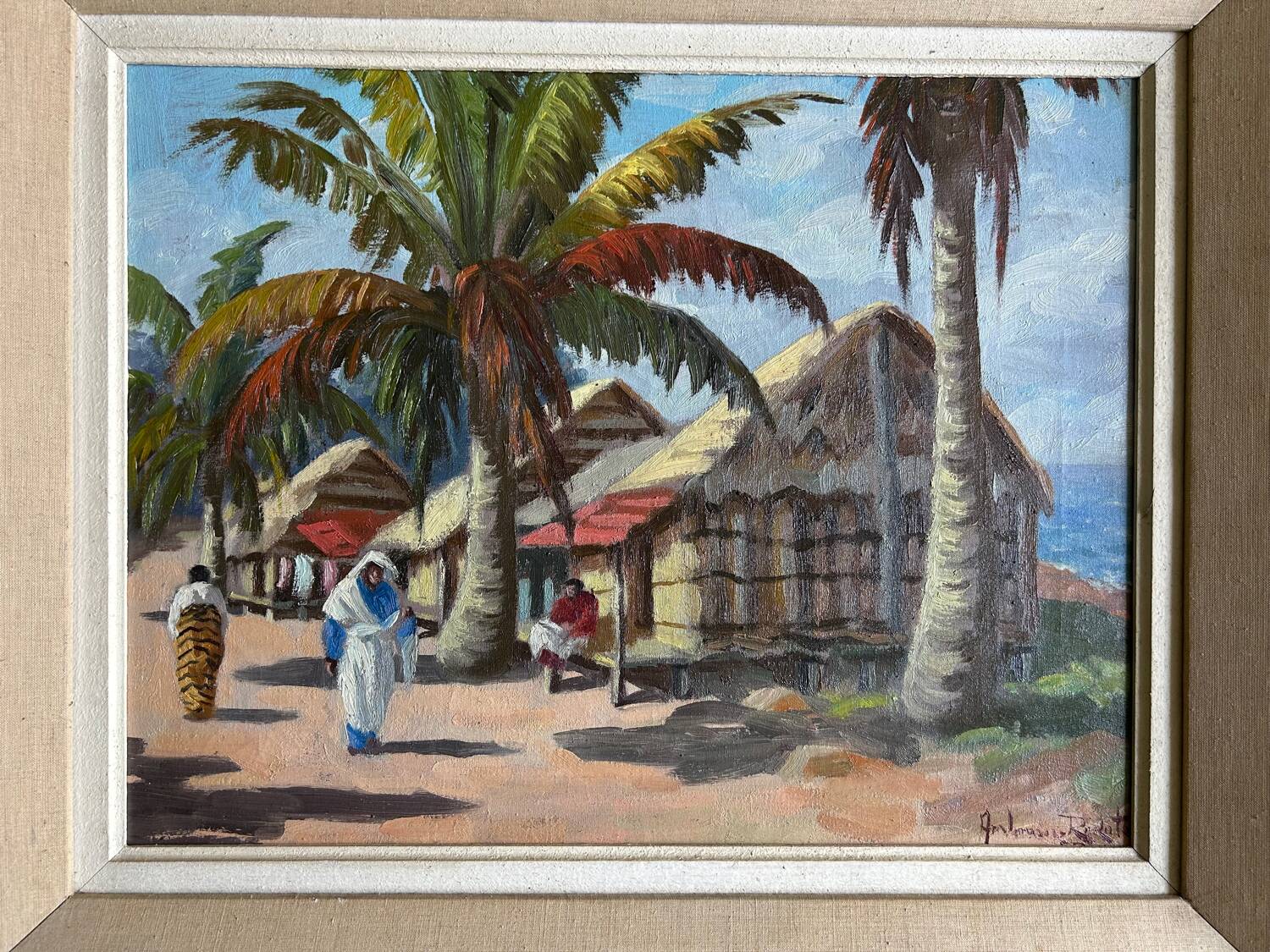 Village malgache, peinture à l'huile originale d'Ambroise Rakoto, vers 1955.