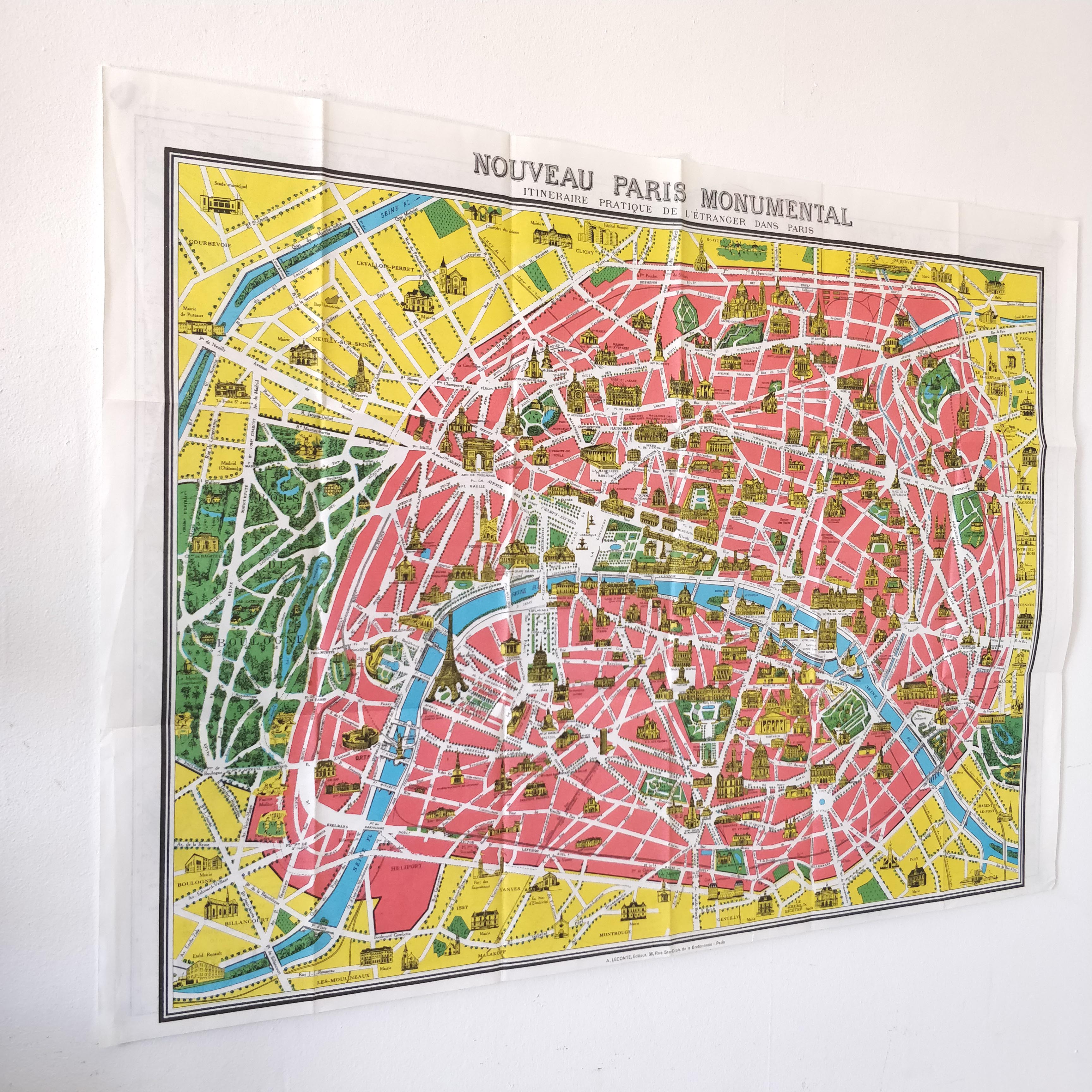 Old map New Paris monumental 75x55cm edition A. Leconte 1960