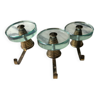Set of 3 Fontana Arte (round) coat hooks from the 1950s, brass and crystal, mid-century style.