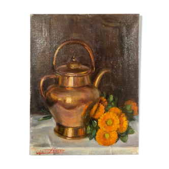 Still life with pitcher and bouquet of flowers, signed