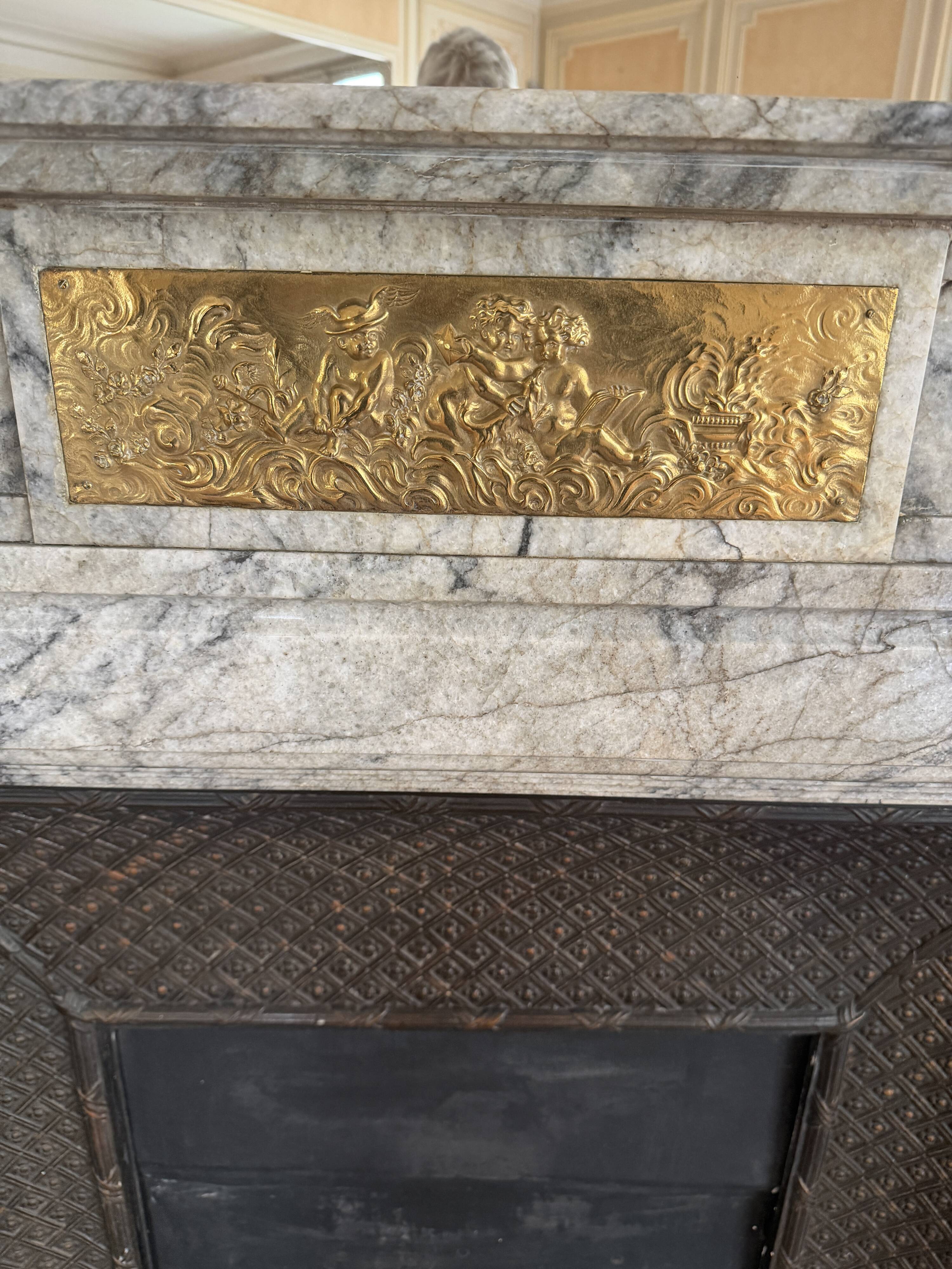 Louis XVI fireplace in veined grey marble with original gilded bronzes from the 19th century.