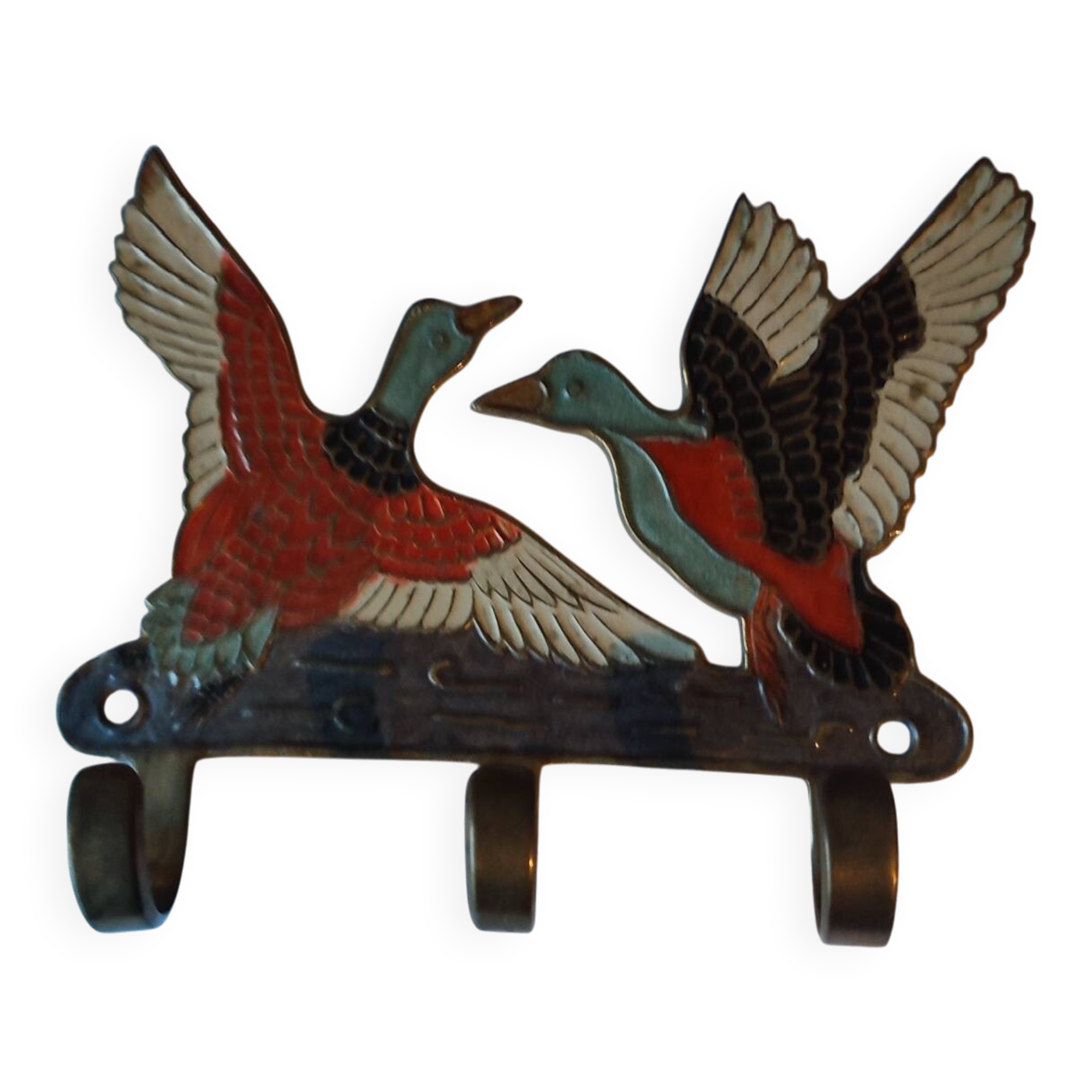Vintage enamelled metal wall coat rack, duck motif, made in