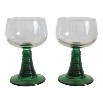 2 water glasses conical feet green Luminarc vintage 70s