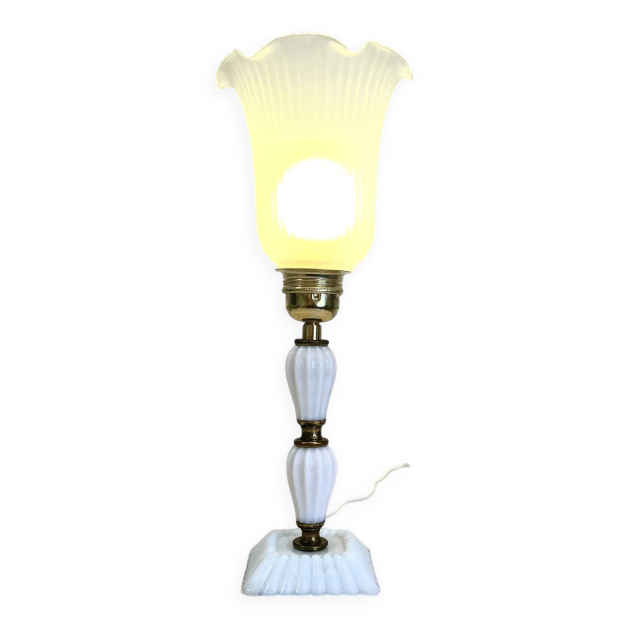 White opaline glass boudoir Art Deco lamp with tulip pleated glass shade