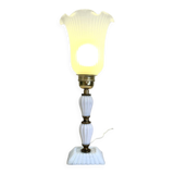 White opaline glass boudoir Art Deco lamp with tulip pleated glass shade