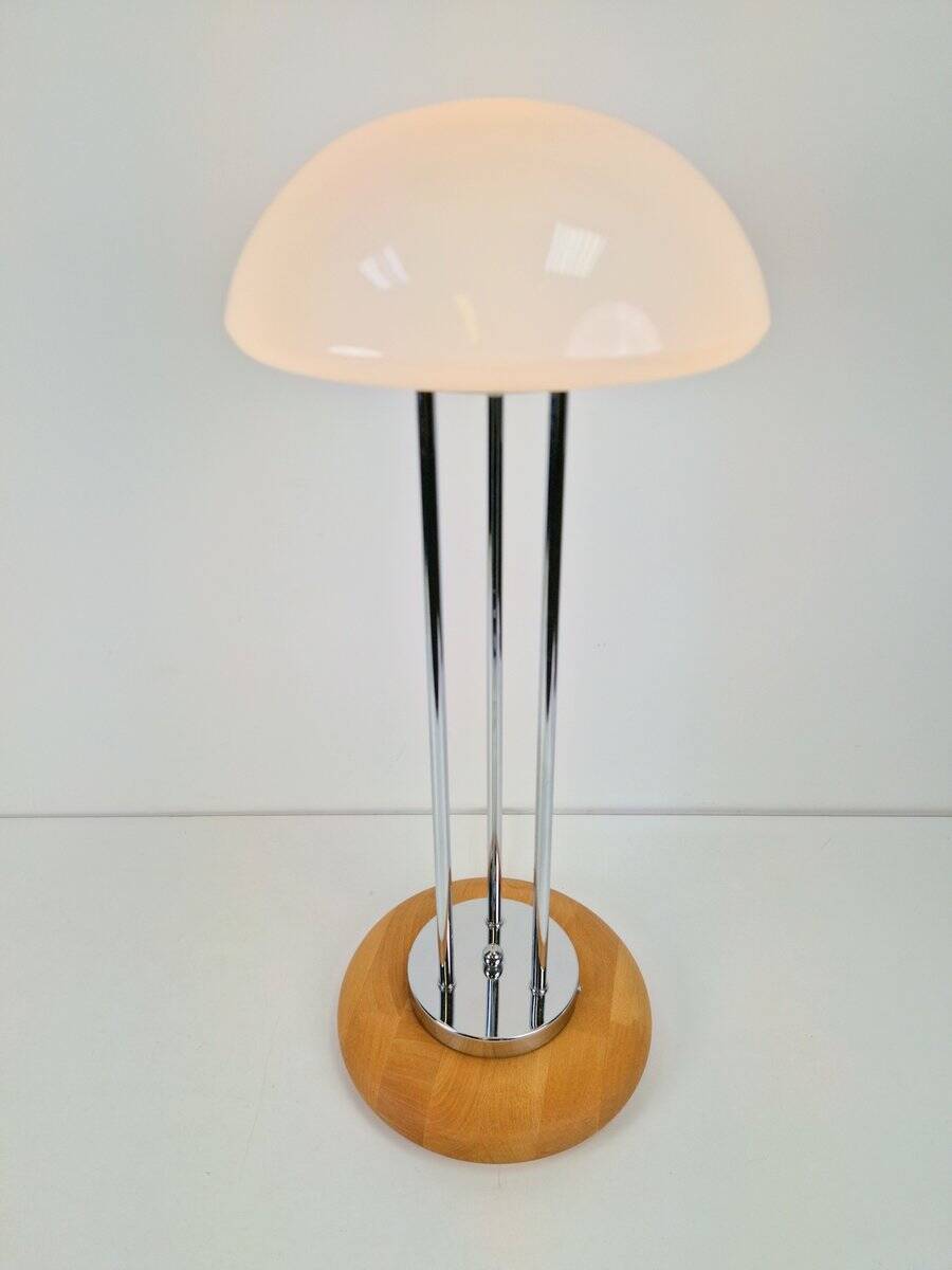 Vintage Mushroom Opaline Glass and Chrome Table Lamp, 1970s