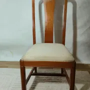 Set of 4 vintage chairs in stained wood and cream fabric.