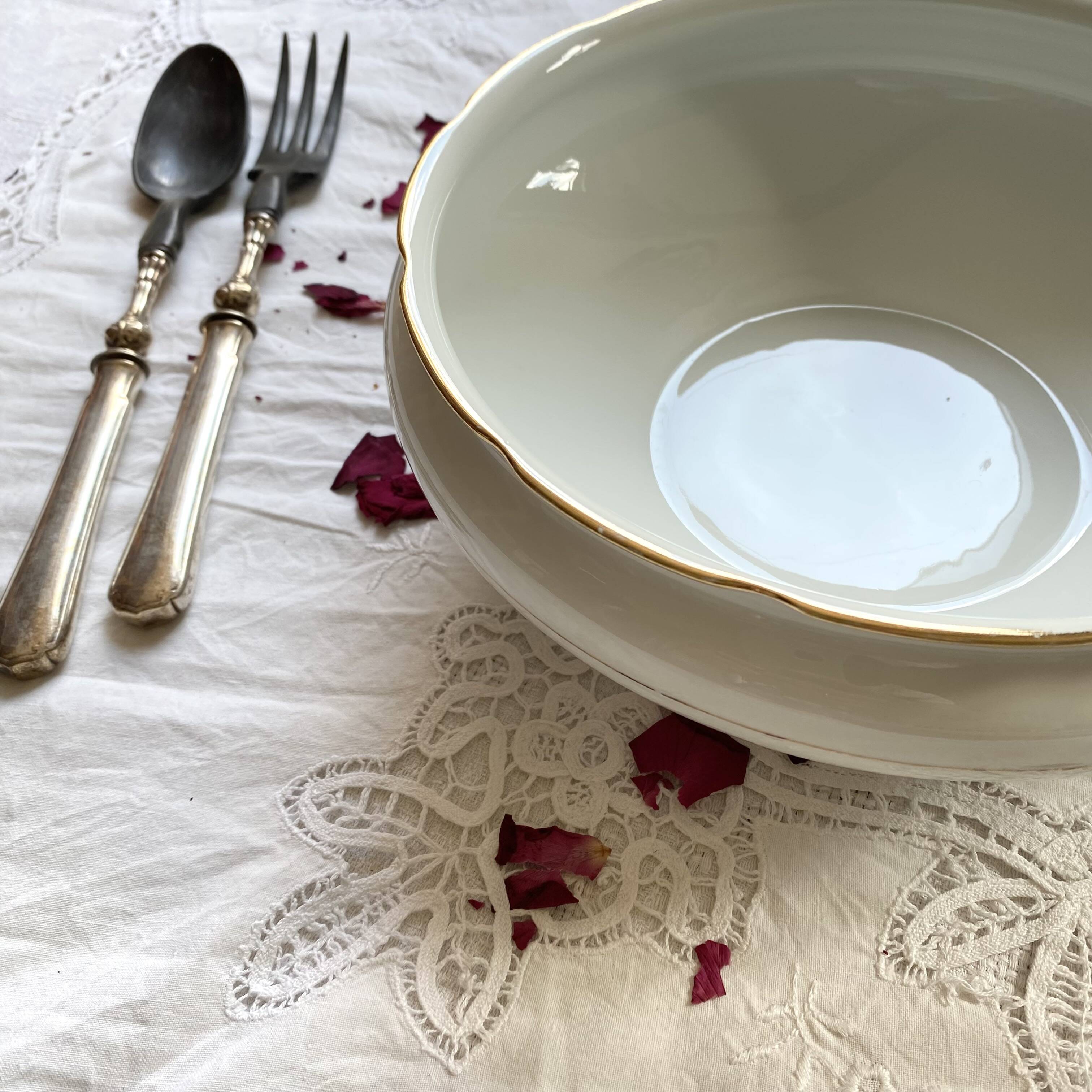 Salad bowl with gilding, vintage Sologne Lamotte porcelain