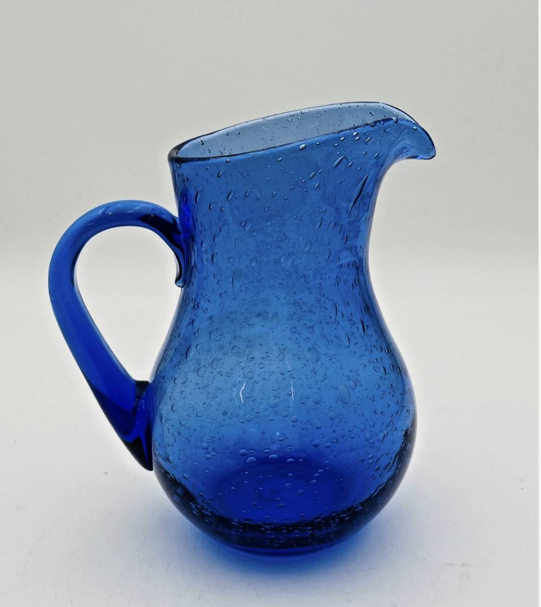 Blue bubble glass pitcher signed Biot