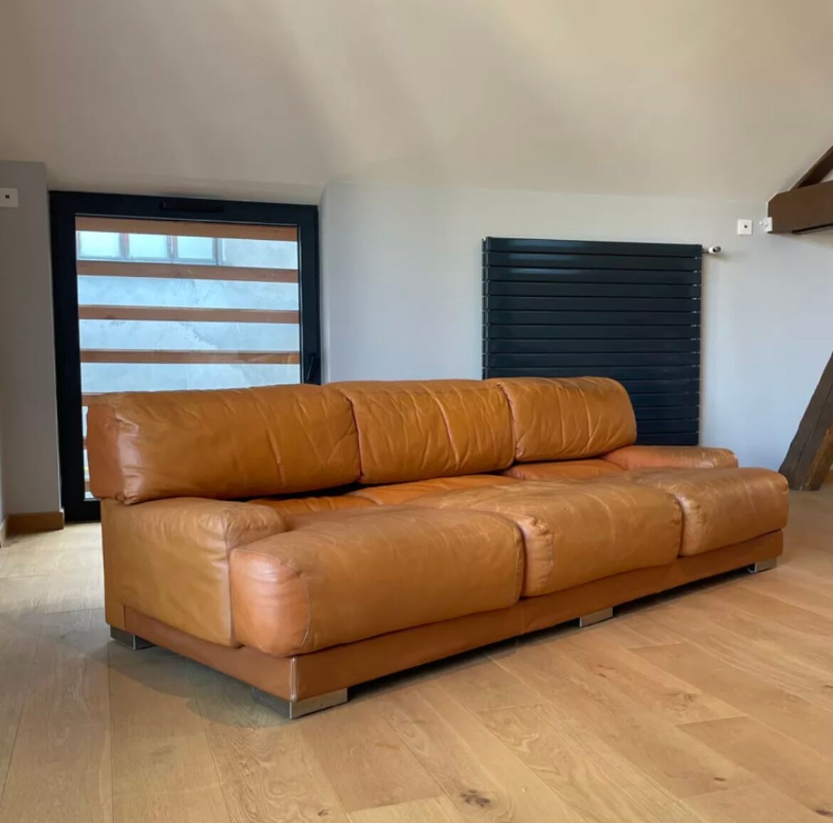 Vintage 3-seater sofa Gérard Guermonprez fawn and stainless steel leather, France 1970