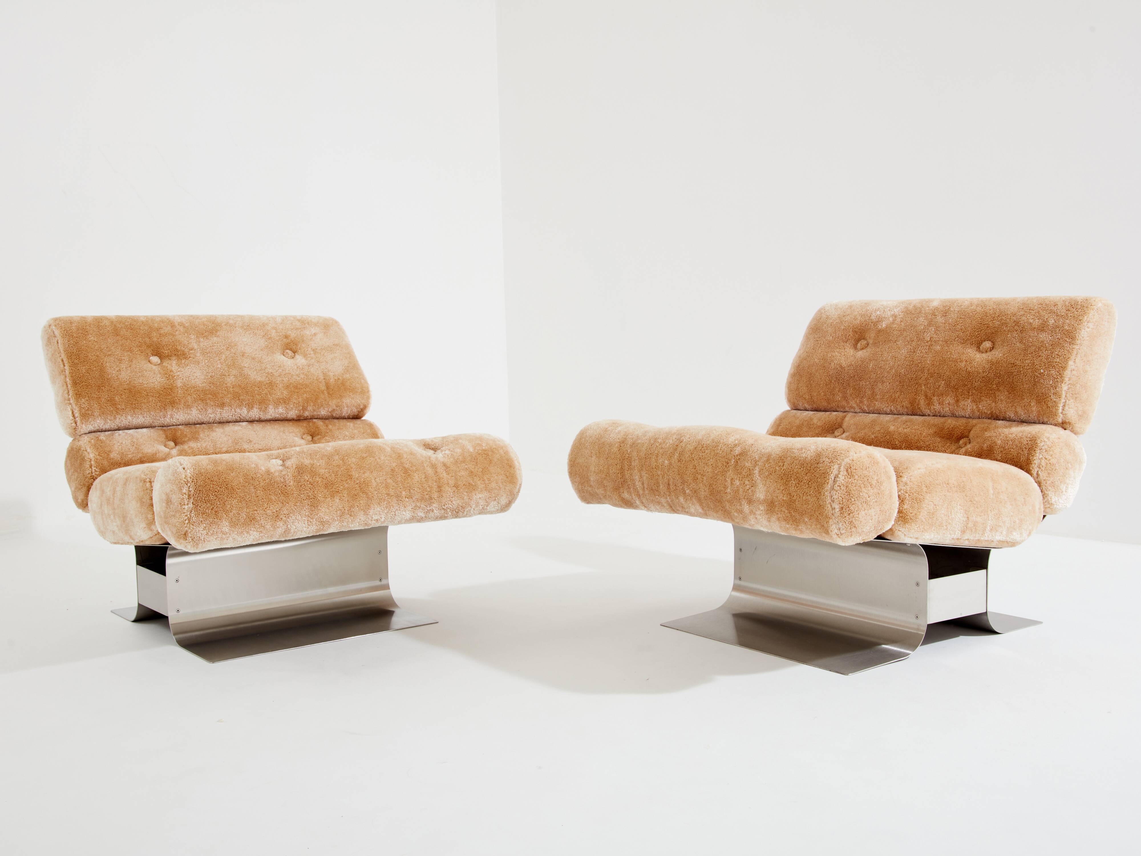 Pair of steel and Mohair velvet armchairs by François Monnet 1970