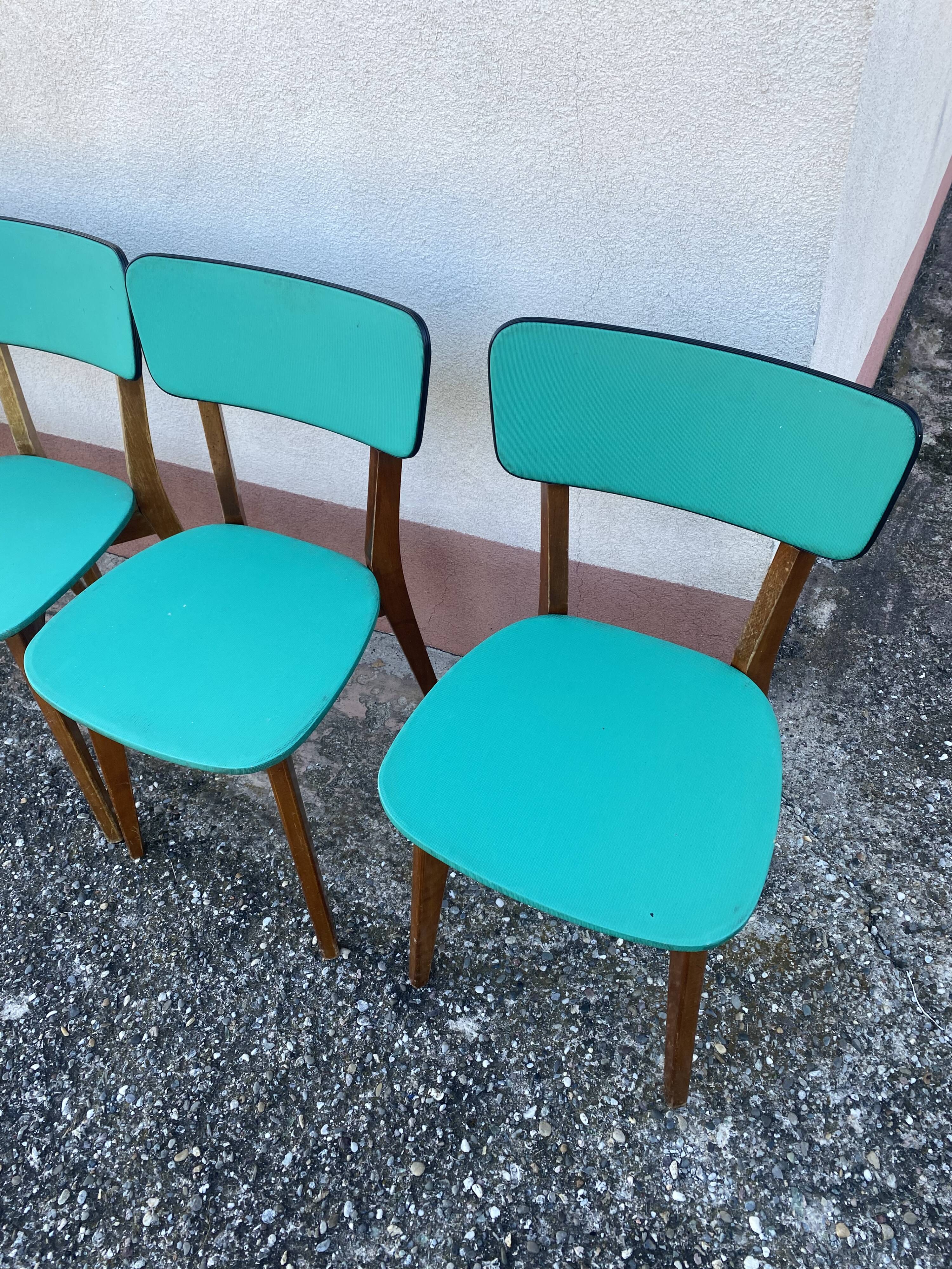 Chaises en skaï pied compas vintage bleu vert