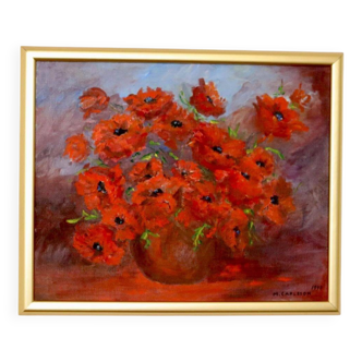 Peinture à l'huile sur panneau vintage suédoise des années 1990 « Coquelicots » par M Carlsson - Vintage et encadrée