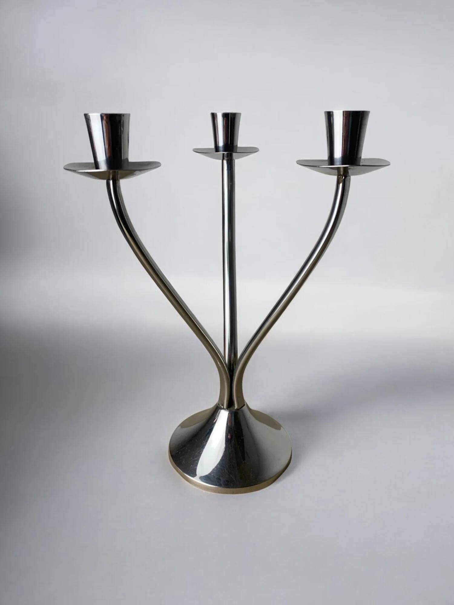 Art deco candlestick in stainless steel 3 flames, Spain, circa 1970