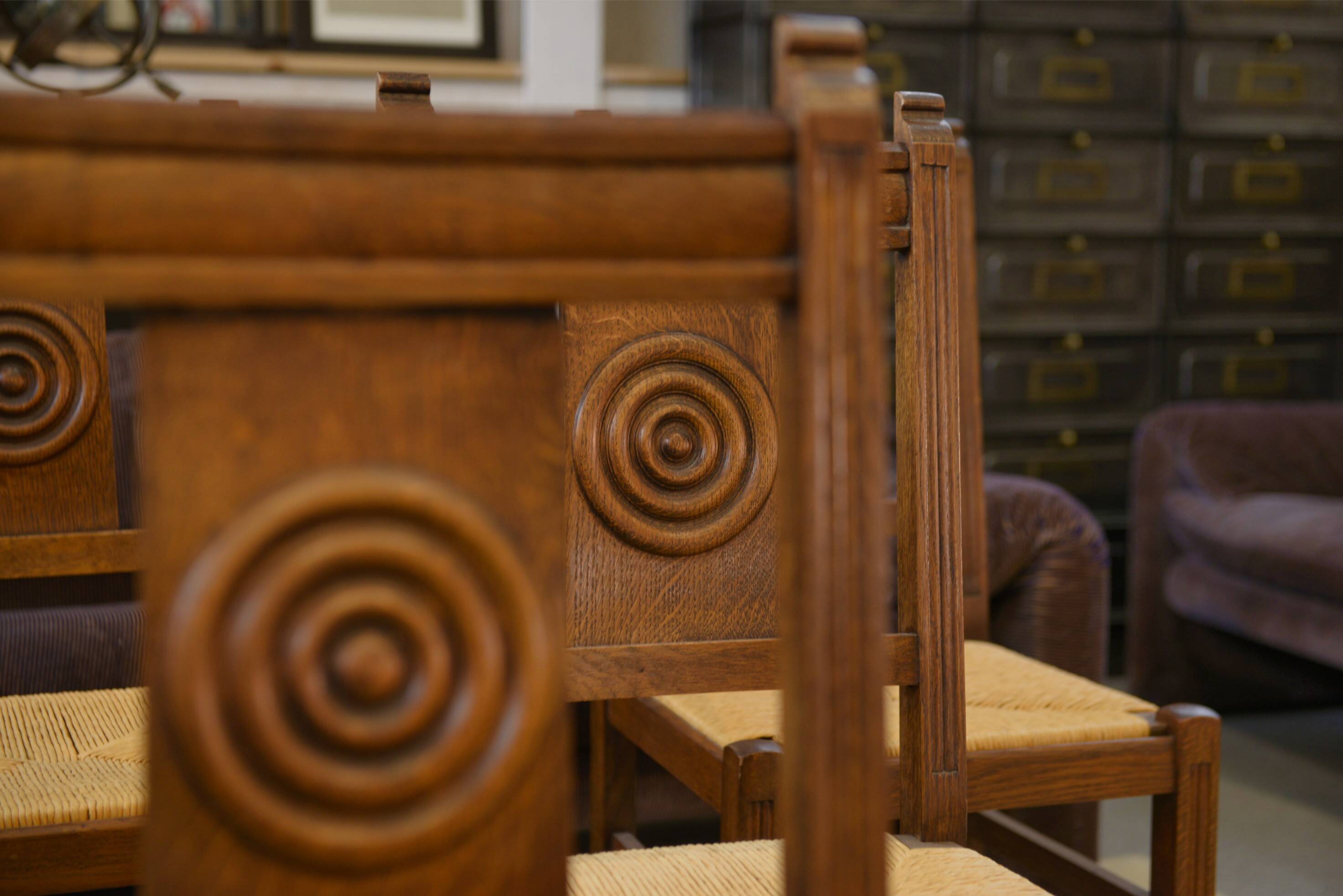 Set of 6 brutalist oak chairs from the 1950s.