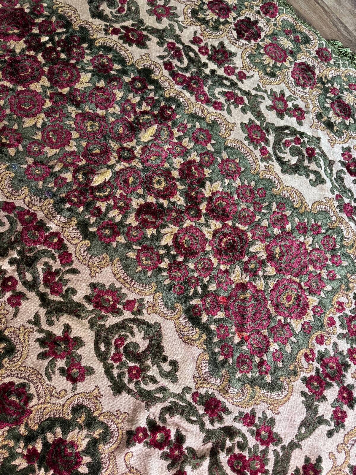 Old floral cotton velvet rug or throw with fringes, 180 x 130 cm