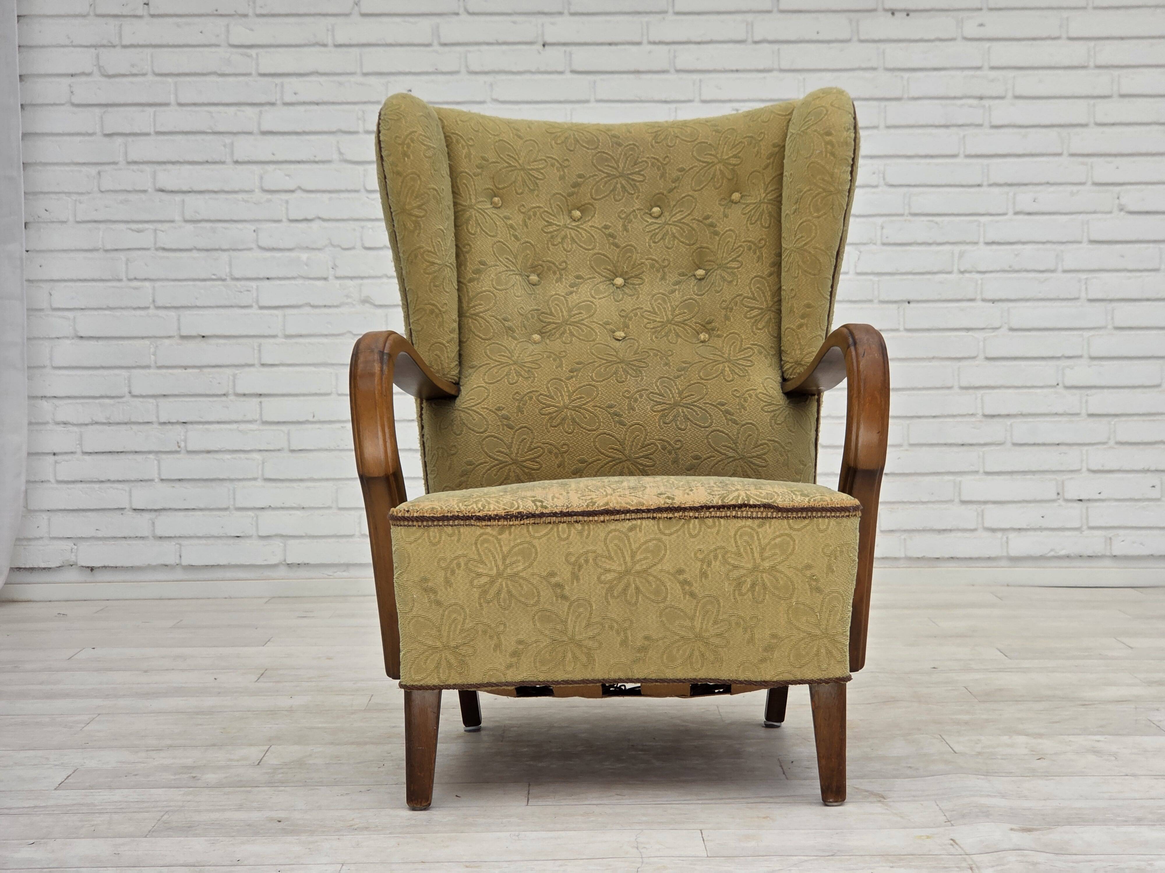 1960s, Danish armchair, light green furniture velour, beech wood.