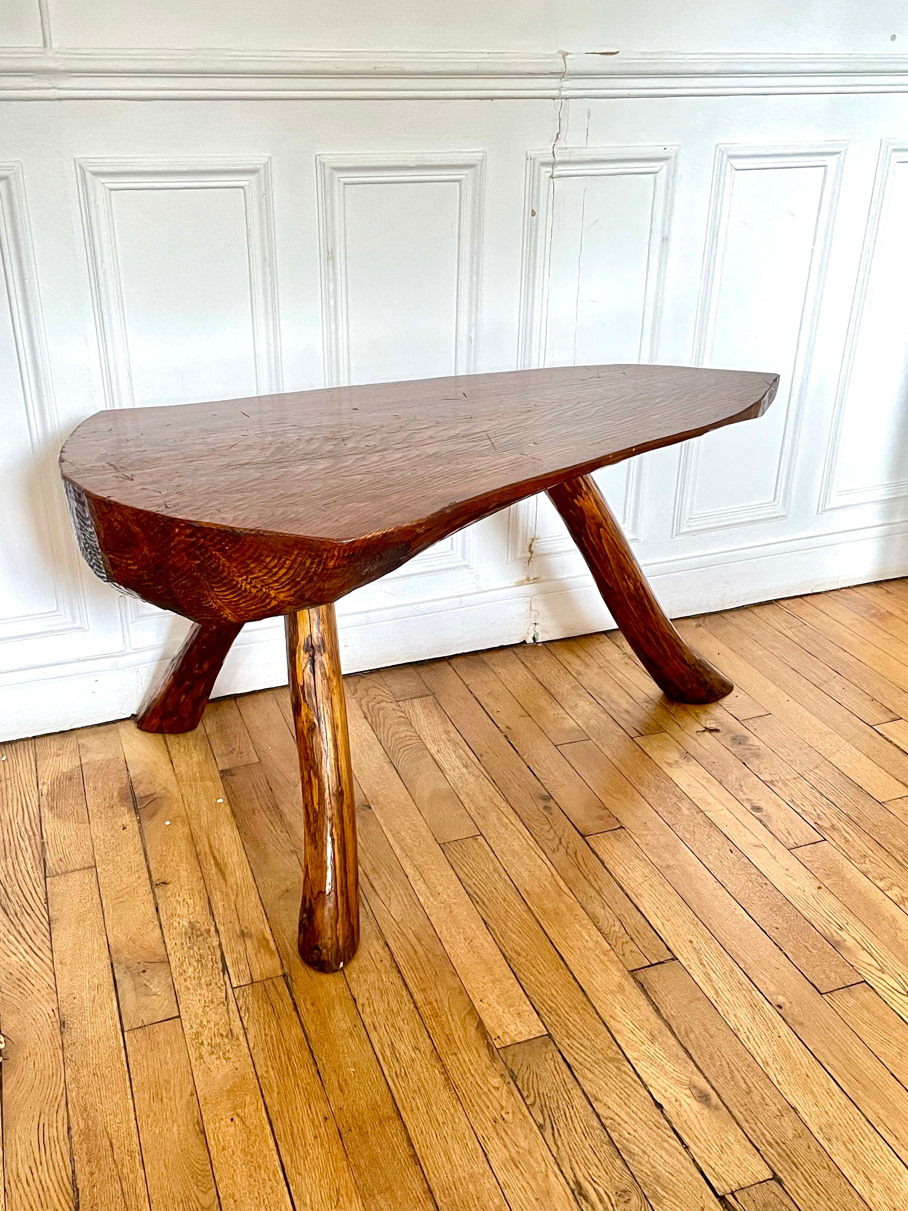 Brutalist tripod coffee table in solid wood, vintage 1960