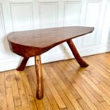 Brutalist tripod coffee table in solid wood, vintage 1960