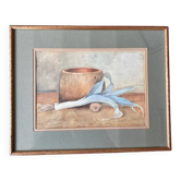 Aquarelle nature morte poireau ancienne 